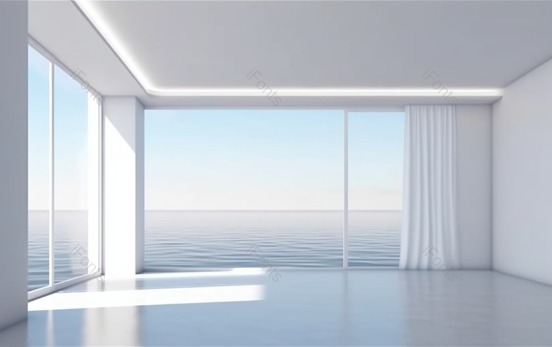 阳光透过落地窗照进海景房极简风格白色装修房屋建筑室内空旷无人的场景,高清,摄影图,摄影图片,图片大全,摄影图免费下载